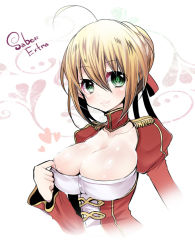 Rule 34 | 10s, 1girl, ahoge, blonde hair, breasts, cleavage, dress, fate/extra, fate (series), green eyes, hair ribbon, large breasts, mamemix, nero claudius (fate), nero claudius (fate), nero claudius (fate/extra), ribbon, solo