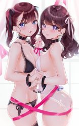 Rule 34 | 2girls, ass, bare shoulders, black bra, black legwear, black panties, black ribbon, blue eyes, blush, bra, breasts, brown hair, chain, cleavage, collar, collarbone, commentary request, cowboy shot, cuffs, groin, hair ribbon, holding hands, handcuffs, highres, kinako (shiratama mochi), lace, lace-trimmed bra, lace-trimmed legwear, lace-trimmed panties, lace trim, leotard, lingerie, long hair, looking at viewer, medium breasts, multiple girls, nail polish, original, panties, parted lips, pink nails, pink ribbon, purple eyes, ribbon, side-tie panties, thighhighs, twintails, underwear, underwear only, white legwear, white leotard, white ribbon