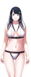 Rule 34 | 1girl, bare shoulders, bikini, black hair, blue eyes, breasts, cleavage, game cg, large breasts, legs, long hair, looking at viewer, navel, p/a: potential ability, sei shoujo, simple background, smile, solo, standing, swimsuit, takajyou yuna, thighs, white background