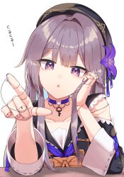 Rule 34 | 1girl, absurdres, black choker, blue choker, brown hair, choker, collar, commentary, doll joints, frilled collar, frills, head on hand, head rest, herta (honkai: star rail), highres, honkai: star rail, honkai (series), jewelry, joints, key, key necklace, long hair, long sleeves, looking at viewer, necklace, open mouth, purple eyes, simple background, solo, translation request, white background, yamato (muchuu paradigm)