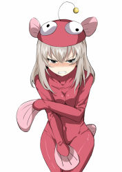 Rule 34 | 10s, 1girl, anglerfish costume, angry, blue eyes, blush, bodysuit, covering breasts, covering crotch, covering privates, cowboy shot, embarrassed, fish costume, girls und panzer, grimace, hat, itsumi erika, long hair, looking at viewer, pink bodysuit, pink hat, silver hair, simple background, solo, standing, tearing up, thorn (ashthorn), white background