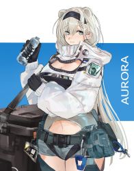 Rule 34 | 1girl, animal ears, arknights, aurora (arknights), bag, bear ears, bear girl, black gloves, black hairband, black shirt, blue eyes, book, bottle, character name, clothing cutout, gloves, greiilock, grey hair, hairband, hands up, highres, holding, holding book, jacket, long hair, long sleeves, looking at viewer, shirt, shoulder bag, simple background, sketch, solo, thigh cutout, water bottle, white jacket