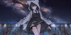 Rule 34 | 1girl, absurdres, animal hood, black hair, blue eyes, blush, canizzz, cat tail, closed mouth, hair between eyes, highres, hood, hood up, hooded jacket, jacket, korean commentary, long hair, looking at viewer, milky way, night, night sky, open clothes, open jacket, original, outdoors, sidelocks, sky, smile, solo, star (sky), starry sky, tail, thigh strap, two-tone dress, white jacket