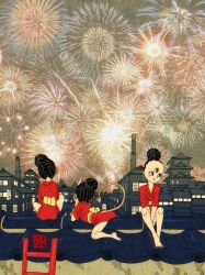 Rule 34 | 3girls, absurdres, arms between legs, barefoot, black hair, brown eyes, cityscape, fine art parody, firework background, fireworks, from behind, full body, hair bun, hair tied up, highres, inkan, japanese clothes, japanese text, kimono, knees up, ladder, looking to the side, lying, multiple girls, nihonga, on roof, on stomach, original, parody, red eyes, rooftop, sei5osuzuki, short kimono, short sleeves, sitting on roof, third eye
