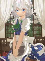Rule 34 | 1girl, apron, black legwear, blue dress, blue eyes, bow, braid, clock, closed mouth, cowboy shot, dress, frilled hairband, frills, from side, frown, furrowed brow, green bow, hair bow, hairband, hand up, highres, holding, holding tray, izayoi sakuya, looking at viewer, looking to the side, maid, maid headdress, norio3120, petticoat, puffy short sleeves, puffy sleeves, short dress, short hair, short sleeves, side braid, sidelocks, silver hair, simple background, sketch, smile, solo, standing, table, touhou, tray, twin braids, waist apron, white apron, wooden table