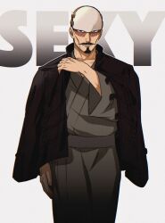 Rule 34 | 1boy, black eyes, facial hair, feet out of frame, forehead protector, goatee, golden kamuy, hair slicked back, haori, highres, japanese clothes, kimono, looking at viewer, male focus, mature male, mustache, scar, scar on face, serious, short hair, solo, standing, tonta (tonta1231), tsurumi tokushirou