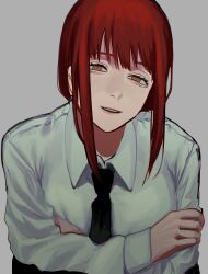 Rule 34 | 1girl, absurdres, black necktie, chainsaw man, collared shirt, crossed arms, half-closed eyes, head tilt, highres, looking at viewer, makima (chainsaw man), medium hair, necktie, open mouth, red hair, ringed eyes, shirt, sidelocks, simple background, smile, solo, white background, white shirt, yellow eyes, yuuwaku06