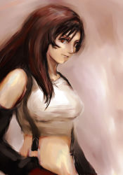 Rule 34 | 1990s (style), bad id, bad pixiv id, breasts, brown hair, elbow gloves, final fantasy, final fantasy vii, gloves, long hair, midriff, red eyes, retro artstyle, shirt, sk hand, solo, suspenders, taut clothes, taut shirt, tifa lockhart