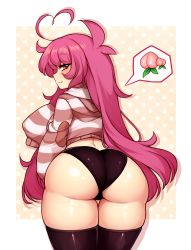 Rule 34 | 1girl, absurdres, ahoge, arm at side, ass, ass focus, back, black panties, black thighhighs, closed mouth, cowboy shot, curly hair, from behind, half-closed eyes, heart, heart ahoge, highres, hood, hood down, hoodie, huge ass, leaning forward, legs together, long hair, looking at viewer, looking back, no pants, oma-chi, original, panties, pink eyes, pink hair, polka dot, polka dot background, seductive smile, sleeves past wrists, smile, solo, standing, straight hair, striped clothes, striped hoodie, thick thighs, thigh gap, thighhighs, thighs, underwear