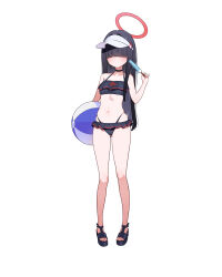 Rule 34 | 1girl, ball, bare arms, bare legs, bare shoulders, beachball, bikini, black bikini, black choker, black hair, blue archive, breasts, choker, cleavage, food, full body, hair over eyes, halo, highres, holding, holding ball, holding beachball, holding food, justice task force member (blue archive), long hair, navel, popsicle, red halo, sandals, schwarz rubin, simple background, small breasts, solo, swimsuit, toes, white background