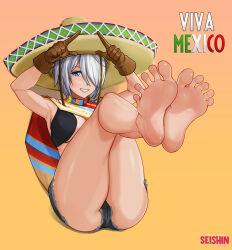 Rule 34 | 1girl, angel (kof), bad anatomy, blue eyes, breasts, feet, horns pose, foot focus, gloves, hair over one eye, hat, horns pose, index fingers raised, large breasts, looking at viewer, mexico, open mouth, poncho, seishinashi, short hair, smile, snk, soles, solo, sombrero, the king of fighters, toes, white hair