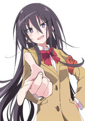 Rule 34 | 1girl, amakusa shino, black hair, blush, bow, bowtie, hair between eyes, hand on own hip, ixy, long hair, long sleeves, looking at viewer, open mouth, purple eyes, red bow, red bowtie, school uniform, seitokai yakuindomo, simple background, smile, solo, white background