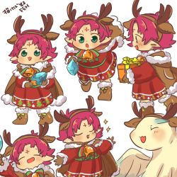 Rule 34 | 1girl, antlers, bell, boots, box, brown gloves, cape, closed eyes, dragon, dress, facial mark, fae (fire emblem), fae (winter) (fire emblem), fire emblem, fire emblem: the binding blade, fire emblem heroes, forehead mark, from side, fur trim, gift, gift box, gloves, green eyes, horns, huxahuxa826, long sleeves, nintendo, open mouth, pointy ears, purple hair, reindeer antlers, short hair, simple background, standing, white background