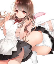 Rule 34 | 1girl, apron, ass, back bow, black skirt, bow, breasts, brown hair, brown shirt, closed mouth, clothes lift, commentary request, commission, duster, edoya pochi, feather duster, highres, holding, holding duster, large breasts, long hair, multiple views, original, panties, pleated skirt, red eyes, shirt, sidelocks, skeb commission, skirt, skirt lift, smile, socks, standing, thighs, underwear, white background, white legwear, white panties