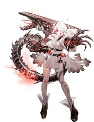 Rule 34 | 1girl, abyssal ship, artist request, boots, breast pocket, breasts, claws, colored skin, dress, flight deck, full body, gradient hair, grey hair, hair over one eye, horns, kantai collection, looking at viewer, multicolored hair, official art, open mouth, pale skin, pelvic curtain, pocket, red eyes, remodeled wartime cargo princess, small breasts, solo, standing, tail, teeth, thighhighs, tongue, torn clothes, torn thighhighs, transparent background, white dress, white hair, white skin