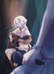 Rule 34 | 2girls, acoustic guitar, black shorts, blonde hair, blue hair, blurry, blurry foreground, brown shirt, collared shirt, colorfulness (love live!), fujishima megumi, glasses, gradient hair, guitar, hair ornament, happy shijo shugi! (love live!), highres, holding, holding microphone, hood, hood down, hoodie, instrument, l9525, layered sleeves, light blue hair, link! like! love live!, long hair, long sleeves, love live!, microphone, microphone stand, multicolored hair, multiple girls, open mouth, osawa rurino, out of frame, parted bangs, plaid, plaid shirt, playing guitar, semi-rimless eyewear, shirt, short over long sleeves, short sleeves, shorts, sitting, solo focus, spotlight, under-rim eyewear, virtual youtuber, white hoodie, x hair ornament
