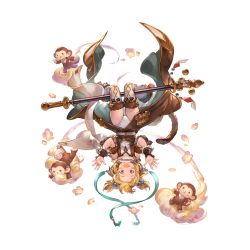 Rule 34 | 1girl, andira (granblue fantasy), barefoot, blonde hair, blush stickers, cleavage cutout, clothing cutout, erune, full body, fur trim, granblue fantasy, hair ornament, headband, holding, holding staff, minaba hideo, monkey, monkey tail, official art, red eyes, scarf, short hair, staff, tail, transparent background, upside-down