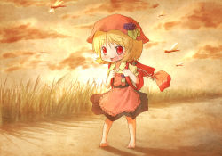 Rule 34 | 1girl, aki minoriko, apron, arinu, backpack, bag, barefoot, blonde hair, blush, bug, child, cloud, cloudy sky, dragonfly, food, fruit, grapes, hat, insect, legs, open mouth, orange hat, puffy short sleeves, puffy sleeves, randoseru, red eyes, scenery, shirt, short sleeves, skirt, sky, smile, solo, touhou, yellow sky