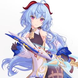 Rule 34 | 1girl, ahoge, amos&#039; bow (genshin impact), bare shoulders, bell, black gloves, black legwear, blue hair, blush, bow (weapon), breasts, detached sleeves, ganyu (genshin impact), genshin impact, gloves, gold trim, highres, holding, holding bow (weapon), holding weapon, long hair, looking at viewer, low ponytail, mizuha (len-k-t), neck bell, purple eyes, sidelocks, smile, solo, standing, thighlet, upper body, weapon, white background, white sleeves