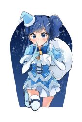 Rule 34 | 1girl, aikatsu!, aikatsu! (series), bell, blue bow, blue capelet, blue eyes, blue footwear, blue hair, blue hat, blue santa costume, blue shirt, boots, bow, capelet, christmas, climbing, closed mouth, commentary, elbow gloves, finger to mouth, fur-trimmed capelet, fur-trimmed shirt, fur trim, gloves, hat, holding, holding sack, index finger raised, kiriya aoi, knee up, looking at viewer, medium hair, mini hat, mini santa hat, miniskirt, neck bell, night, night sky, onbin ha, over shoulder, pleated skirt, sack, santa costume, santa hat, shirt, shushing, side ponytail, skirt, sky, smile, snowflake print, solo, standing, thighhighs, tilted headwear, white gloves, white skirt, white thighhighs