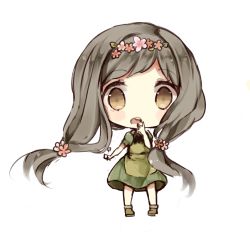 Rule 34 | 1girl, black hair, boots, dress, flower, green dress, hair flower, hair ornament, hand on own face, hand to own mouth, head wreath, looking at viewer, open mouth, original, sencha (senta 10), solo, wreath, yellow eyes