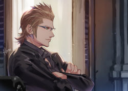 Rule 34 | 1boy, artist name, black jacket, brown hair, collared shirt, crossed arms, facing to the side, final fantasy, final fantasy xv, glasses, grey shirt, hair slicked back, hinoe (dd works), ignis scientia, indoors, jacket, long sleeves, looking to the side, male focus, open collar, shirt, short hair, sideburns, smile, solo, suit jacket, window
