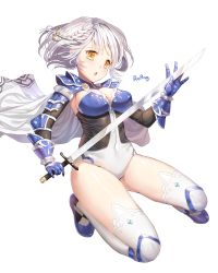Rule 34 | 1girl, armor, artist name, bad id, bad pixiv id, braid, breasts, cleavage, full body, highres, holding, holding sword, holding weapon, large breasts, looking at viewer, open mouth, original, roang, short hair, silver hair, solo, squatting, sword, thighhighs, weapon, white thighhighs, yellow eyes