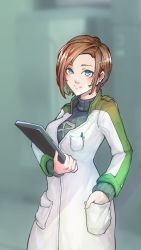 Rule 34 | 1girl, absurdres, blue eyes, brown hair, commentary, english commentary, hand in pocket, highres, long sleeves, looking at viewer, moira vahlen, pen in pocket, short hair, tablet pc, turtleneck, x-com, yosinoya901