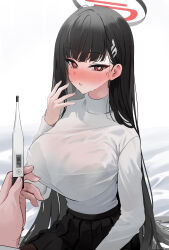 Rule 34 | 1boy, 1girl, absurdres, black hair, black skirt, blue archive, blush, bralines, breasts, hair ornament, hairclip, halo, highres, large breasts, long hair, long sleeves, looking at viewer, pleated skirt, red eyes, rio (blue archive), sitting, skirt, solo focus, sweater, thermometer, turtleneck, turtleneck sweater, very long hair, white sweater, yuki (asayuki101)