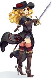 Rule 34 | 1girl, blonde hair, eyepatch, full body, garter straps, gloves, grin, hat, high heels, holding, holding sword, holding weapon, long hair, original, pirate, ryman, simple background, smile, solo, spurs, standing, sword, thighhighs, weapon, white background