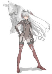 Rule 34 | 1girl, :&lt;, adapted costume, amatsukaze (kancolle), blush, bodysuit, boots, bracer, breasts, clenched hand, closed mouth, contrapposto, cosplay, covered navel, crossover, embarrassed, evangelion: 2.0 you can (not) advance, evangelion: 3.0 you can (not) redo, frown, full body, garter straps, gloves, hair between eyes, hair tubes, hairband, hand on own hip, hand on thigh, hat, head tilt, headgear, highleg, highleg leotard, horns, kantai collection, legs apart, leotard, long hair, looking at viewer, mecha, neon genesis evangelion, no nose, parody, parted bangs, pilot suit, plugsuit, rebuild of evangelion, red footwear, red thighhighs, rensouhou-kun, robot, see-through, shadow, silver hair, simple background, small breasts, solo, souryuu asuka langley, souryuu asuka langley (cosplay), standing, teeth, test plugsuit, thigh boots, thighhighs, tsukino wagamo, turret, turtleneck, two side up, very long hair, white background, yellow eyes