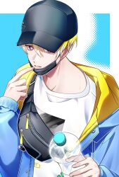 Rule 34 | 1boy, 7umaguro, baseball cap, black hat, black mask, blonde hair, blue background, blue jacket, bottle, commentary, english commentary, eyelashes, fanny pack, hair between eyes, hand up, hat, highres, holding, holding bottle, hood, hood down, hooded jacket, jacket, long sleeves, looking at viewer, male focus, mask, mask pull, mole, mole on neck, mouth mask, nijisanji, nijisanji en, off shoulder, official alternate costume, open clothes, open jacket, parted lips, purple eyes, shirt, short hair, simple background, solo, sonny brisko, sonny brisko (2nd costume), two-tone background, upper body, virtual youtuber, water bottle, white background, white shirt, zipper, zipper pull tab