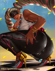 Rule 34 | 1girl, arms (game), ass, bracelet, cameltoe, dark-skinned female, dark skin, drill hair, earrings, ecoas, high heels, hip focus, huge ass, jewelry, looking at viewer, mask, multicolored hair, nail polish, pants, silver hair, smile, solo, squatting, tight clothes, tight pants, twin drills, twintails, twintelle (arms), two-tone hair, wide hips