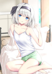 Rule 34 | 1girl, alternate costume, arm support, arm up, bare arms, bare legs, barefoot, bed, bedroom, blue eyes, blurry, blurry background, breasts, camisole, collarbone, commentary, day, english commentary, expressionless, green shorts, hair ribbon, head tilt, highres, holding, holding hair, indoors, konpaku youmu, light rays, looking at viewer, on bed, parted lips, pillow, ribbon, short hair, shorts, silver hair, sitting, small breasts, solo, spaghetti strap, sunbeam, sunlight, tim86231, touhou, white camisole, wooden floor, yokozuwari