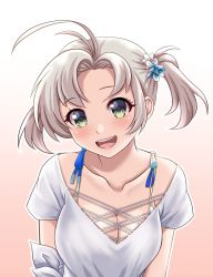 Rule 34 | 1girl, antenna hair, blush, breasts, cleavage, collarbone, green eyes, grey hair, kantai collection, kinugasa (kancolle), large breasts, open mouth, shirt, short hair, short sleeves, smile, solo, tk8d32, upper body, white shirt