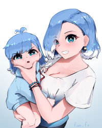 Rule 34 | 2girls, aged down, artist name, blue background, blue eyes, blue hair, blue hoodie, breasts, bright pupils, carrying, carrying person, cheek poking, cleavage, collarbone, drawstring, earrings, fian f.n, gradient background, grin, hand on another&#039;s cheek, hand on another&#039;s face, highres, hololive, hololive indonesia, hood, hood down, hoodie, jewelry, kobo kanaeru, large breasts, long hair, long sleeves, looking at viewer, mother and daughter, multicolored hair, multiple girls, poking, princess carry, shirt, short sleeves, signature, simple background, smile, swept bangs, triangle mouth, v-shaped eyebrows, virtual youtuber, white background, white pupils, white shirt