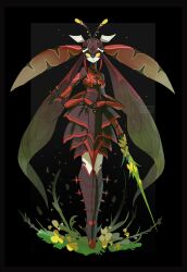 Rule 34 | 1girl, antennae, arthropod girl, black background, black skin, breasts, carapace, colored skin, extra arms, flower, head wings, highres, holding, holding sword, holding weapon, insect wings, looking at viewer, monster girl, multicolored skin, original, red skin, ruteko (ruko220), signature, small breasts, solid eyes, solo, sword, weapon, white skin, wings, yellow eyes
