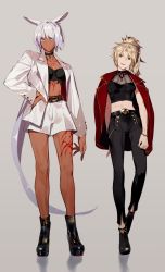 Rule 34 | 2girls, absurdres, animal ears, bare arms, bare legs, blonde hair, blue eyes, caenis (fate), choker, earrings, fate/apocrypha, fate/grand order, fate (series), green eyes, hand on own hip, high heels, highres, jacket, jacket on shoulders, jewelry, long hair, midriff, mordred (fate), mordred (fate/apocrypha), multiple girls, pants, ponytail, semi finalfight, short hair, skirt, stomach, tan, tattoo, very long hair, white hair