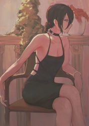 Rule 34 | 900p, black hair, breasts, chainsaw man, cleavage, crossed legs, flat chest, highres, kyuhyakup, looking to the side, revealing clothes, reze (chainsaw man), sideless dress, sitting