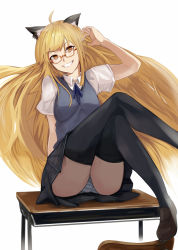 Rule 34 | 1girl, animal ears, black thighhighs, blonde hair, chair, character request, copyright request, crossed legs, desk, fox ears, glasses, grin, hitosashiyubi, loafers, long hair, panties, pantyshot, pleated skirt, ribbon, school uniform, shoes, sitting, skirt, smile, solo, striped clothes, striped panties, table, thighhighs, underwear, upskirt, very long hair, yellow eyes