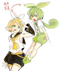 Rule 34 | 2girls, antennae, black shorts, black sleeves, bow, detached sleeves, green hair, hair bow, hairband, highres, huan1034097, kagamine rin, long hair, looking at viewer, low ponytail, multiple girls, neckerchief, notice lines, open mouth, puffy short sleeves, puffy sleeves, shirt, short sleeves, shorts, simple background, sitting, smile, very long hair, vocaloid, voiceroid, voicevox, white background, white bow, white hairband, white shirt, yellow neckerchief, zundamon