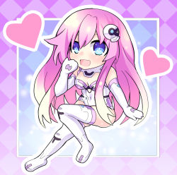 Rule 34 | 1girl, bakenkun, blue eyes, breasts, chibi, elbow gloves, gloves, hair ornament, heart, highres, long hair, looking at viewer, nepgear, neptune (series), open mouth, pink hair, purple hair, purple sister, smile, solo, symbol-shaped pupils