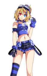 Rule 34 | 1girl, alternate eye color, arm strap, asymmetrical legwear, blonde hair, blue eyes, blue gloves, blue skirt, blue tank top, burning stone (module), collar, collarbone, gloves, goggles, goggles on head, groin, hand on lap, heterochromia, highres, kagamine rin, looking at viewer, midriff, miniskirt, navel, one side up, project diva (series), red eyes, short hair, simple background, single thighhigh, skirt, solo, standing, stomach, striped clothes, striped thighhighs, tank top, thighhighs, tsukishiro saika, uneven legwear, vocaloid, white background