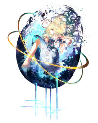Rule 34 | 1girl, abstract, barefoot, blonde hair, blue eyes, broken, cross, dress, dripping, floating hair, full body, highres, long hair, looking at viewer, original, simple background, solo, string, string of fate, vima, white background, white dress, wrist cuffs