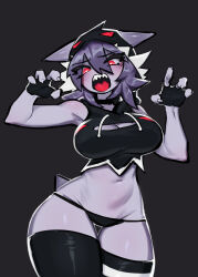 Rule 34 | 1girl, absurdres, animal ears, arm up, armpits, azuuart, bare shoulders, black background, black choker, black gloves, black panties, black shirt, black thighhighs, blush, breasts, choker, claw pose, cleavage, cleavage cutout, clothing cutout, colored skin, cowboy shot, creatures (company), crop top, drawstring, ears through headwear, female focus, fingerless gloves, game freak, gen 1 pokemon, gengar, gloves, groin, hair between eyes, hand up, heart, heart-shaped pupils, highres, hood, hood up, hooded shirt, large breasts, looking at viewer, navel, nintendo, no pants, open mouth, panties, personification, pokemon, pokemon (creature), purple hair, purple skin, red eyes, sharp teeth, shiny skin, shirt, short hair, sidelocks, simple background, sleeveless, sleeveless shirt, solo, standing, stomach, symbol-shaped pupils, tail, teeth, thick thighs, thighhighs, thighs, tongue, underwear, wide hips