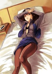 Rule 34 | 1girl, bed, bra, dutch angle, futaba channel, indoors, lingerie, looking at viewer, open clothes, open shirt, pantyhose, shirt, solo, underwear, yamada-san