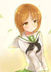 Rule 34 | 10s, 1girl, bad id, bad pixiv id, black neckerchief, blouse, brown eyes, brown hair, closed mouth, girls und panzer, gradient background, green skirt, highres, koretsuna, leaf, long sleeves, neckerchief, nishizumi miho, ooarai school uniform, pleated skirt, school uniform, serafuku, shirt, short hair, skirt, smile, solo, standing, upper body, v arms, white shirt, wind, yellow background