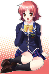Rule 34 | 1girl, :d, legs folded, makkemi, open mouth, red hair, school uniform, smile, solo, tokimeki memorial, tokimeki memorial 4
