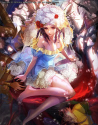 Rule 34 | 1girl, bare legs, bare shoulders, barefoot, blue dress, blue nails, breasts, brown hair, cleavage, dress, drill hair, emperors saga, feet, fingernails, flower, hair flower, hair ornament, highres, liduke, looking at viewer, medium breasts, nail polish, official art, parted lips, red eyes, red flower, red rose, rose, short dress, sitting, solo, toenail polish, toenails, toes, too many flowers, watermark, white flower, white rose