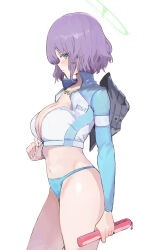 Rule 34 | 1girl, absurdres, bikini, blue archive, blue bikini, blush, breasts, cleavage, closed mouth, cowboy shot, from side, ggab0621, green eyes, green halo, halo, highres, holding, large breasts, long sleeves, looking at viewer, navel, official alternate costume, profile, purple hair, raglan sleeves, rash guard, saki (blue archive), saki (swimsuit) (blue archive), short hair, simple background, solo, swimsuit, white background